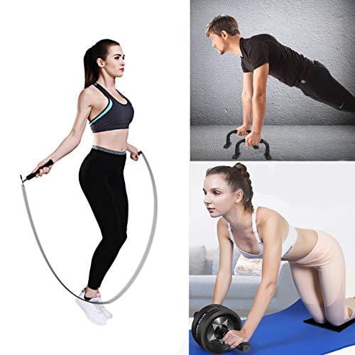 Syntus Upgraded 6-in-1 AB Roller Wheel with Knee Pad Push Up Bars Handles Grips Adjustable Skipping Jump Rope, Home Gym Workout Exercise Equipment for Men Women Boxing MMA Fitness Training (Grey)