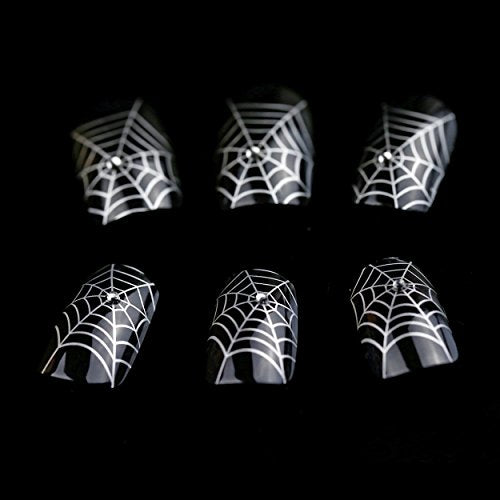 ArtPlus Preglued 24pcs Halloween Gothic Black Silver Spider Web with Crystals False Nails with Upgraded Adhesive Tabs Press on and Glue Full Cover Long Length Fake Nails Art