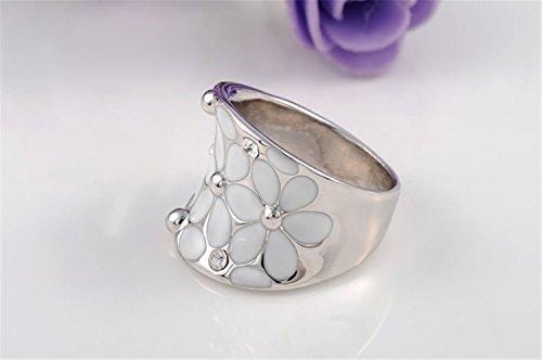 Womens Elegant Enamel Flower White Gold Band Bloom Petal Platinum Wedding Engagement Ring Crystal Inlay Size 8
