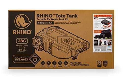 Camco Rhino Heavy Duty 28 Gallon Portable Waste Holding Hose and Accessories-Durable Leak Free and Odorless RV Tote Tank (39004)