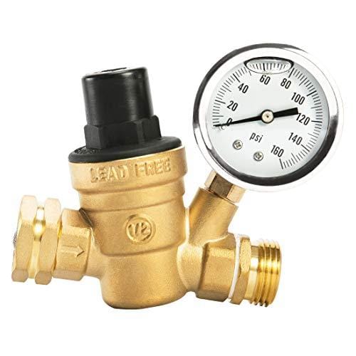 Esright Brass Water Pressure Regulator 3/4 Lead-Free with Gauge for RV Camper Adjustable Water Pressure Regulator,Build-in Oil (NH Threads)