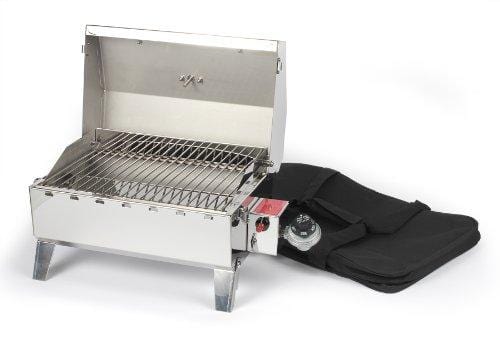 Camco Stainless Steel Portable Propane Gas Grill, Convenient Size For Tailgating, Camping, RV, Picnicking, Home and Boats, Includes Storage Bag (125 Square Inches Of Cooking Surface)