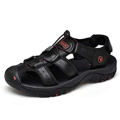 Men's Sports Sandals Male Leather Flats Casual Beach Shoe Athletic Breathable Swiftwater Mesh Sandal (US:9.5, Black)