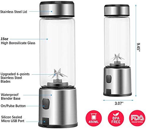 TOPQSC Portable Blender, Personal Blender 15oz USB Rechargeable 5200mAh, Smoothie Blender with Durable Glass and 2 Lids, Stainless Blades 16500rpm, Perfect for Shakes,Smoothies and Baby Food