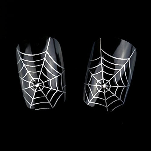 ArtPlus Preglued 24pcs Halloween Gothic Black Silver Spider Web with Crystals False Nails with Upgraded Adhesive Tabs Press on and Glue Full Cover Long Length Fake Nails Art