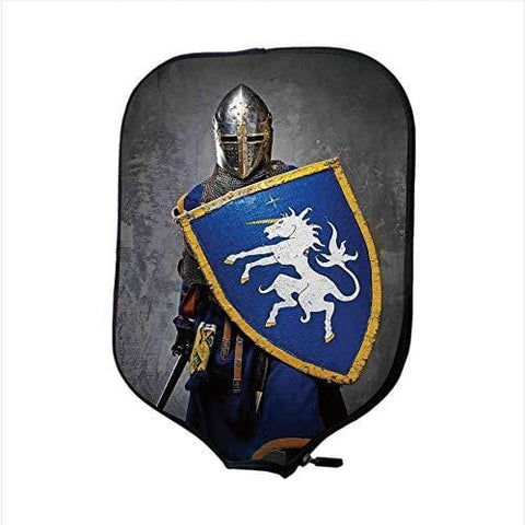 iPrint Neoprene Pickleball Paddle Racket Cover Case,Medieval,Medieval Knight Holding Shield and Sword Aged History Rusty Design Artwork,Royal Blue Grey,Fit for Most Rackets - Protect Your Paddle