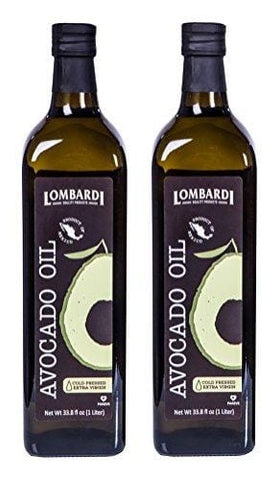 2 Pack Lombardi Extra Virgin Avocado Oil 67.6 fl oz (2 x 33.8 fl oz) Premium Quality 2 Liters (2 x 1 Liter) Kosher Non-GMO Product of Mexico Cold Pressed for Cooking, Backing, Salad Dressing