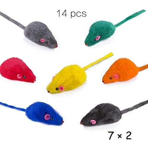 Yangbaga Real Fur Mice Rattle 14 Pack, Cat Toys Rainbow Mice Rabbit Feather for Cats and Kittens (14 pcs Rainbow mices)