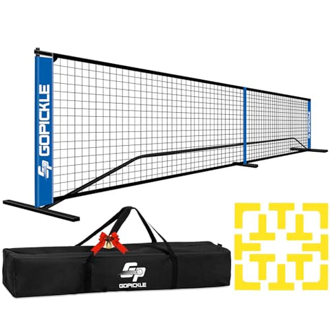 GoPickle Pickleball Net with Court Marking Kit, 22FT Regulation Size Portable Pickle Ball Net System with Carrying Bag, Durable Metal Frame PE Knitted Net for Home Indoor Outdoor Driveway Game