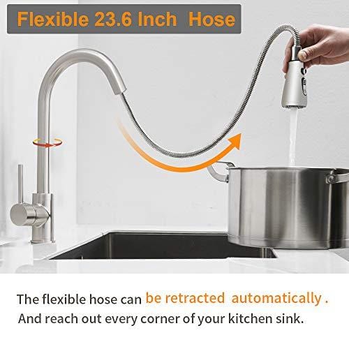 Hoimpro Commercial High-Arc Single Handle Kitchen Sink Faucet With Pull Out Sprayer, Modern Rv kitchen Faucet With Pull Down Sprayer, 3 Function Touch Water Faucet, Brass/Brushed Nickel(1 or 3 Hole)