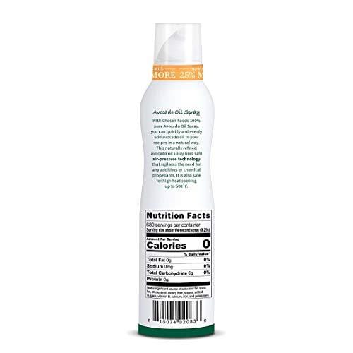 Chosen Foods 100% Pure Avocado Oil Spray 6 oz., Non-GMO, 500° F Smoke Point, Propellant-Free, Air Pressure Only for High-Heat Cooking, Baking and Frying