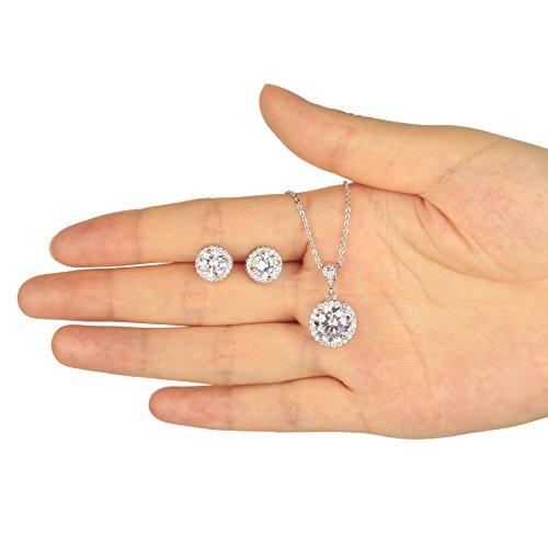 AMYJANE Crystal Jewelry Set Bride Bridesmaid- Sterling Silver Round Cubic Zirconia Crystal cz Bridal Pendant Necklace Earrings Set for Women Party Prom