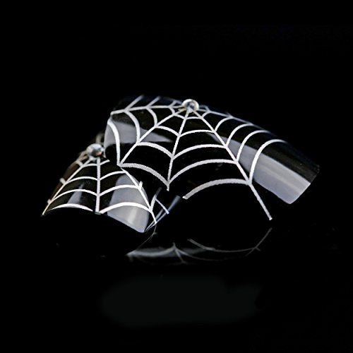 ArtPlus Preglued 24pcs Halloween Gothic Black Silver Spider Web with Crystals False Nails with Upgraded Adhesive Tabs Press on and Glue Full Cover Long Length Fake Nails Art