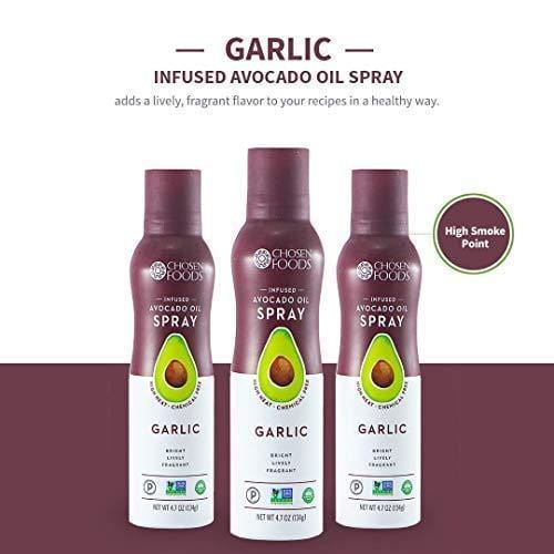 Chosen Foods Garlic Avocado Oil Spray 4.7 oz., Non-GMO, 500° F Smoke Point, Propellant-Free, Air Pressure Only for High-Heat Cooking, Baking and Frying