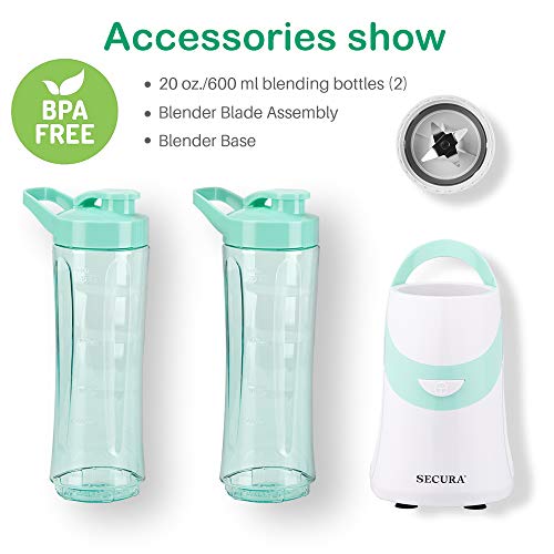 Secura 300W Personal Blender for Shakes and Smoothies | Stainless Blade | 2 (20 oz) Single Serving Bottles with Travel Lids, Green