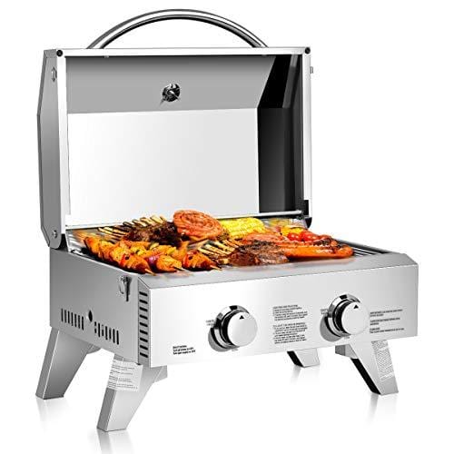 Giantex Propane Tabletop Gas Grill Stainless Steel Two-Burner BBQ, with Foldable Leg, 20000 BTU, Perfect for Camping, Picnics or Any Outdoor Use, 22" x 18" x 15", Silver