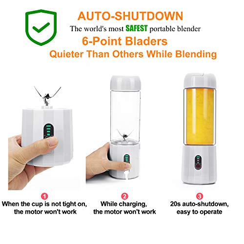 Personal Portable Blender with 480ml Travel Bottle, USB Rechargeable Single Served Smoothie Blender Six Blades in 3D Superb Mixing Personal Size Mixer Fruit Juicer Blender for Shakes and Smoothies