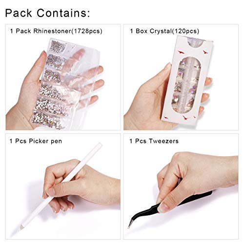 120 Pcs Multi Shapes Glass Crystal AB Rhinestones For Nail Art Craft, Mix 12 Style FlatBack Crystals 3D Decorations Flat Back Stones Gems Set (120 pcs Crystals+1728 pcs rhinestones)