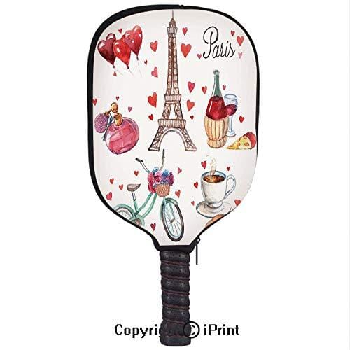 Neoprene Premium Pickleball Paddle Racket Cover Case,Paris Illustration of Hearts Eiffel Tower Red Wine Coffee Perfume Romance Themed Art(size:8.23" x 11.4")Red Brown,High resolution pictures bring a
