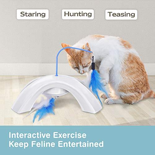 PAWABOO Pet Teasing Toy, Feather Whirl Teaser Spin Cat Toy Quadripod Electronic Interactive Chase Rotating Feather Toys for Pet Cat Kitten Play Fun Exercise - White & Blue