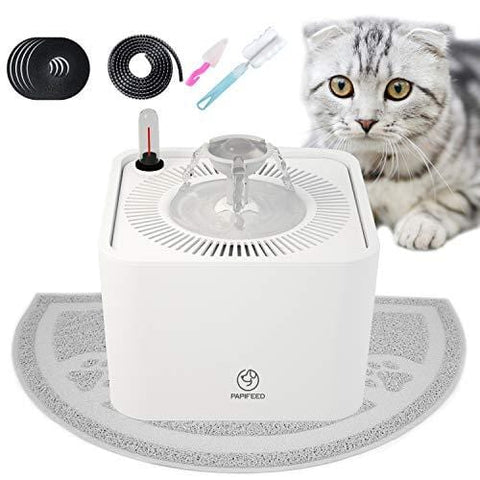 PAPIFEED Cat Water Fountain, Automatic Pet Water Dispenser, 2.2L Super Quiet Healthy Drinking Bowl with Visible Water Level, 5 Filters, USB Pump, Waterproof Mat and Brush for Cats Dogs [Upgraded 2019]
