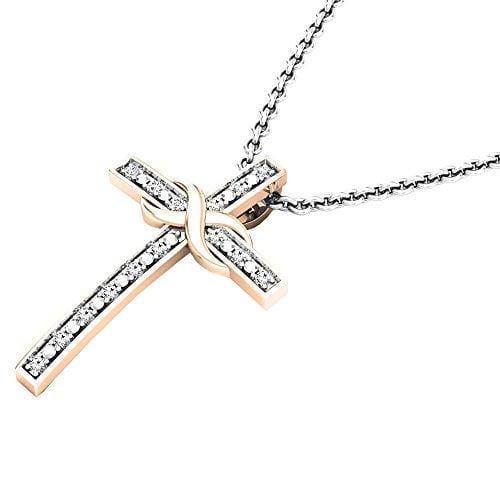 Dazzlingrock Collection 0.10 Carat (ctw) 14K Round White Diamond Ladies Cross Pendant (Silver Chain Included), Rose Gold