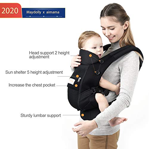 Maydolly Baby Carrier, 5-in-1 Convertible Carrier Ergonomic, Soft Breathable Mesh Cmfortable, Front and Back Carrier, with Head Support, Padded Shoulder Strap (Black)