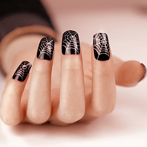 ArtPlus Preglued 24pcs Halloween Gothic Black Silver Spider Web with Crystals False Nails with Upgraded Adhesive Tabs Press on and Glue Full Cover Long Length Fake Nails Art