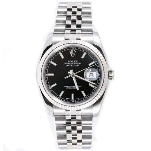 Rolex Mens New Style Heavy Band Stainless Steel Datejust Model 116234 Jubilee Band 18K White Gold Fluted Bezel Black Stick Dial