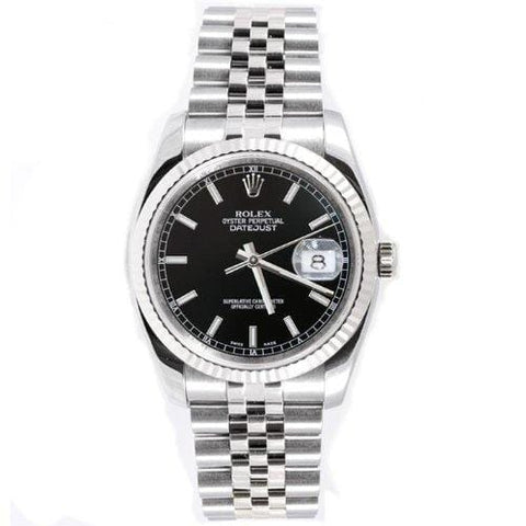 Rolex Mens New Style Heavy Band Stainless Steel Datejust Model 116234 Jubilee Band 18K White Gold Fluted Bezel Black Stick Dial