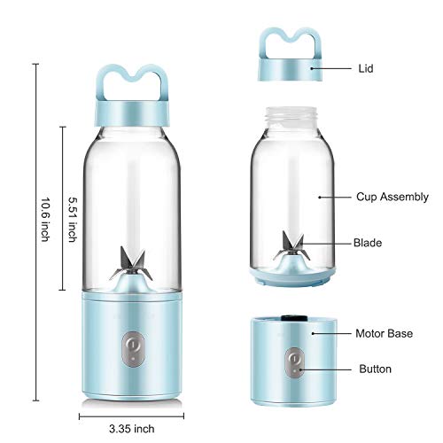 YesTree Portable Blender, Small Smoothie Blender - 4 Blades, 17oz/500ml Fruit Mixing Machine with 4000mAh USB Rechargeable Batteries, Larger Stronger and Faster, Detachable Cup Blender, Blue (BPA free)