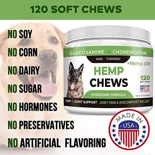 Pawesome Hemp + Glucosamine for Dogs - Hip & Joint Supplement - w/ Hemp Oil + Protein - Chondroitin, MSM, Turmeric to Improve Mobility & Energy - Natural Joint Pain Relief, 120 Soft Chews
