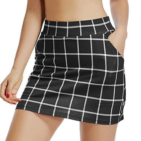Jessie Kidden Women's Athletic Stretch Skort Skirt with Shorts and Pocket for Running Tennis Golf Workout #949-Black White, L