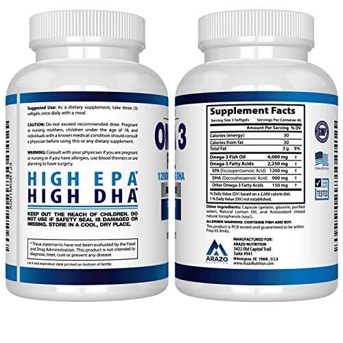 Omega 3 Fish Oil 2250mg | HIGH EPA 1200MG + DHA 900MG Triple Strength Burpless Capsules | Arazo Nutrition (120 Count)