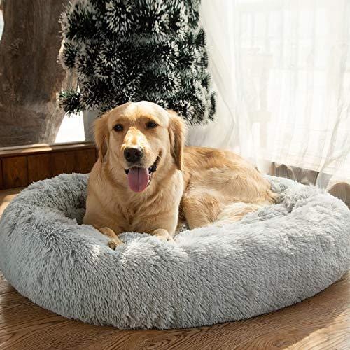 Veehoo Self-Warming Round Dog Bed for Medium Dogs & Cats, Luxurious Faux Fur Donut Cuddler, Bolster Pet Bed & Sofa, Extra Plush Dog Pillow & Couch, Machine Washable, Grey