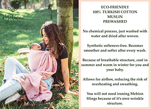Baby Wrap Carrier Ring Sling- Special Wrinkled Pre-Washed Lightweight and Soft Turkish Cotton Muslin Pink-for Newborns, Infants- Baby Shower Gift