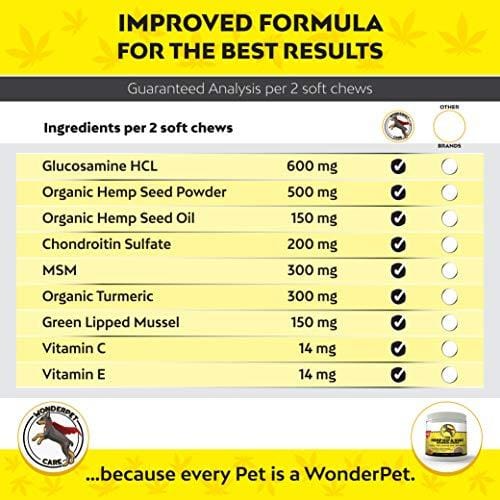 WonderPet Hemp Hip & Joint Supplement for Dogs Chondroitin Glucosamine MSM Organic Hemp Oil Hemp Powder Turmeric | Extra Strength Formula for Arthritis Pain Relief & Mobility Increase | 120 Soft Chews