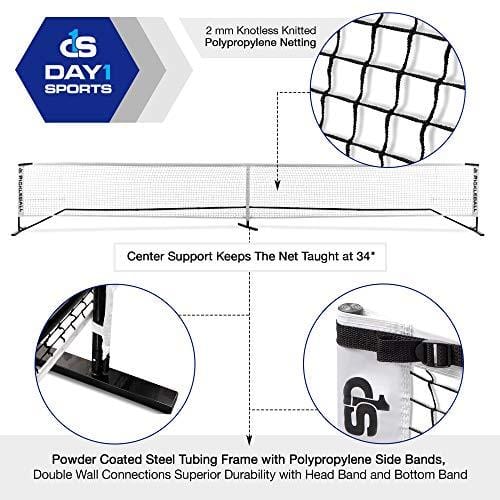 Day 1 Sports Portable Pickleball Net with Tube Steel Frame, Carry Bag Professional, Tournament Nets - Durable Pickle Ball Equipment Set and Accessories - Outdoor or Indoor Play, Regulation Size
