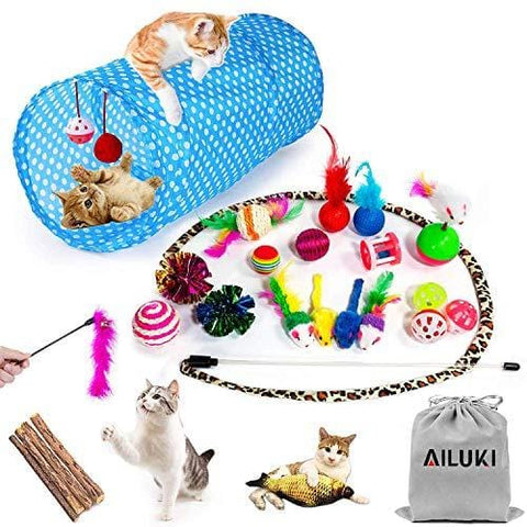 AILUKI 26PCS Cat Toys Kitten Toys Assortments, Variety Catnip Toy Set Including 2 Way Tunnel,Cat Feather Teaser,Catnip Fish,Mice,Colorful Balls and Bells for Cat,Puppy,Kitty