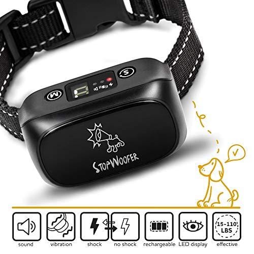 StopWoofer [Newest 2019] Humane Dog Bark Collar | Anti Barking Collar Small Dogs Medium Large Dogs | Rechargeable Anti bark Collar | No bark Collars Sound Warning Vibration Electric Stimulation