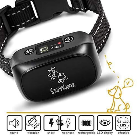 StopWoofer [Newest 2019] Humane Dog Bark Collar | Anti Barking Collar Small Dogs Medium Large Dogs | Rechargeable Anti bark Collar | No bark Collars Sound Warning Vibration Electric Stimulation