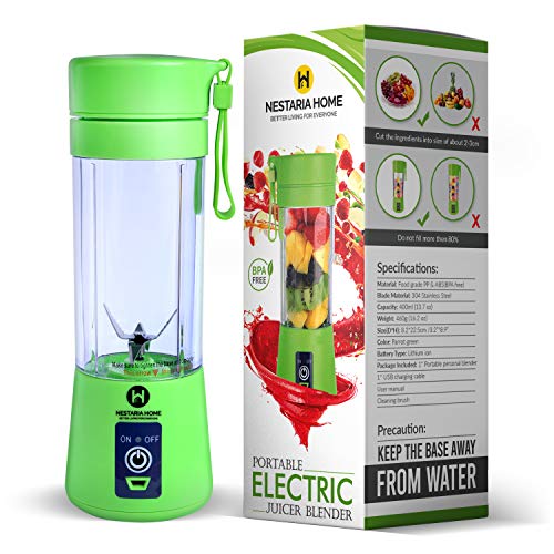 NestariaHome Portable blender for shakes and smoothies - USB rechargeable blender / instant blender with Six sharp 3D Blades, Food Grade PP & BPA Free Material - Personal portable blender bottle, Blender on the go, 380ml 12.8(oz)