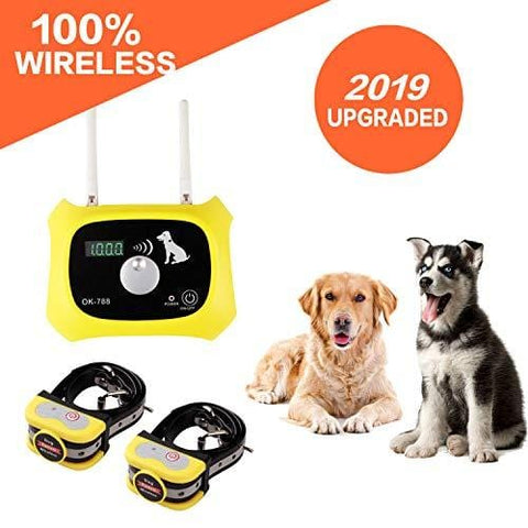 Wireless Dog Fence Electric Pet Containment System, Safe Effective Anti Over Shock Design, Adjustable Control Range Up to 1000 Feet & Display Distance, Rechargeable Waterproof Collar (2 Dog System)