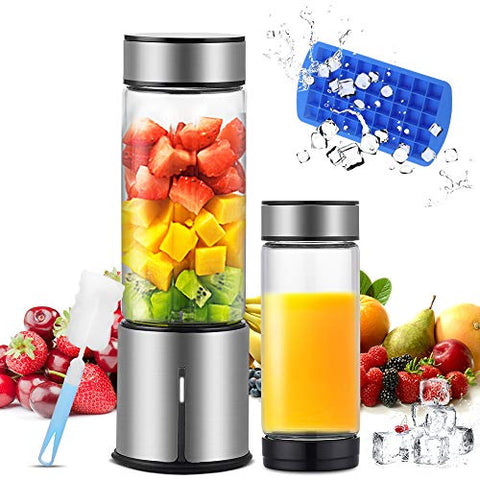 KACSOO Portable Blender for Smoothie and Shakes, 2 Lids Personal Blender USB Rechargeable Cordless 15 OZ Small Mixer Glass Fruit Juicer Cup Single Serve Blender for Travel on the go