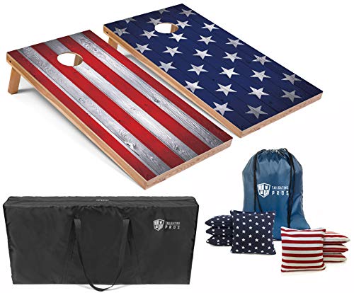 Tailgating Pros Stars and Stripes Cornhole Boards w/Bean Bags - 4'x2' Patriotic Corn Hole Game w/Carrying Case & Bags (Star/Stripe All Weather, 4'x2' Boards w/LED Ring Lights)