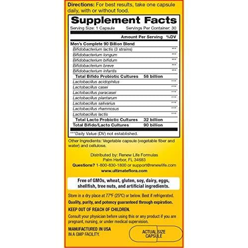 Renew Life Men's Probiotic - Ultimate Flora  Probiotic Men's Complete, Shelf Stable Probiotic Supplement - 90 billion - 30 Vegetable Capsules (Packaging May Vary)