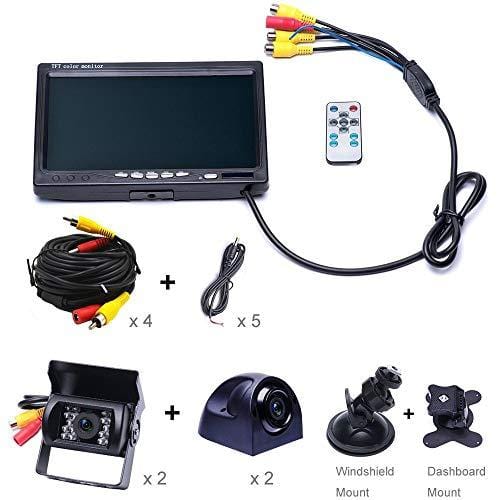 Podofo 9V-24V Car Backup Camera Kit, 7 Inch HD Quad Split Monitor + 4 x Waterproof IR Night Vision Front Rear Side View Cameras and 33ft AV Cables, Mirror/Normal Image