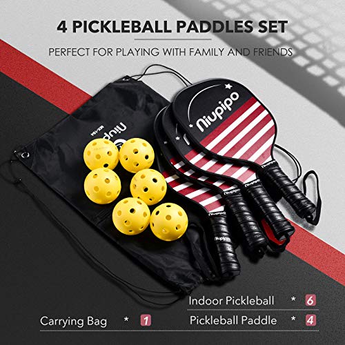 niupipo Pickleball Paddles, Pickleball Set 4 Paddles with 6 Balls and 1 Carry Bag, 7-ply Basswood Wood Pickleball Paddles, Safe Edge Guard, Cushioned Grip, Wooden Pickleball Paddle 4 Pack for Beginner