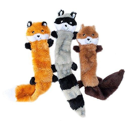 ZippyPaws - Skinny Peltz No Stuffing Squeaky Plush Dog Toy, Fox, Raccoon, and Squirrel - Large