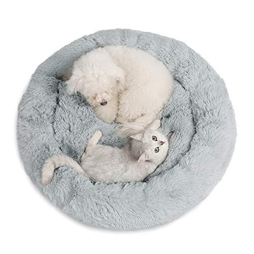 Veehoo Self-Warming Round Dog Bed for Medium Dogs & Cats, Luxurious Faux Fur Donut Cuddler, Bolster Pet Bed & Sofa, Extra Plush Dog Pillow & Couch, Machine Washable, Grey